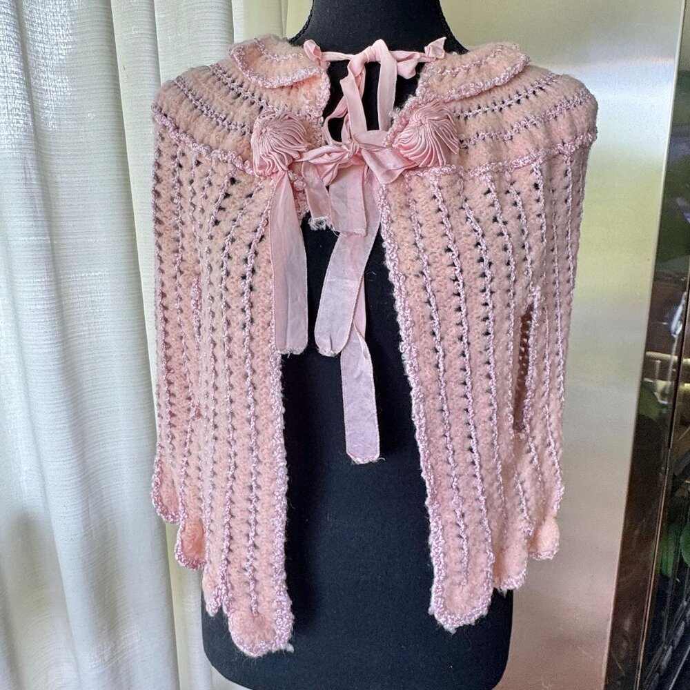 Vintage 50s bed jacket, soft pastel pink crocheted bed robe, knitted capelet